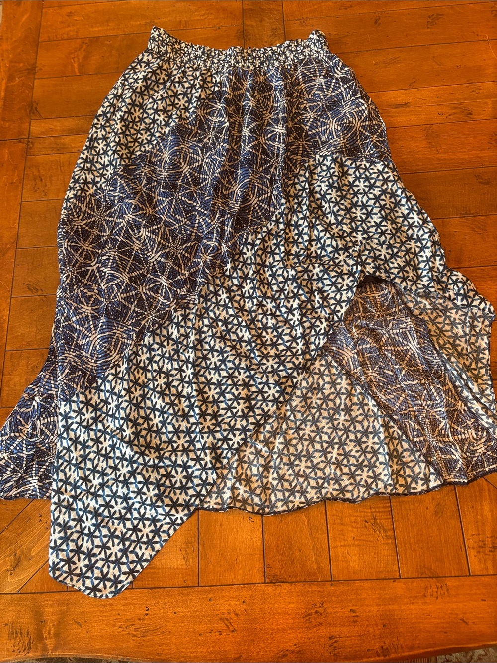 Maje Blue and White Patterned High-Low Maxi Skirt